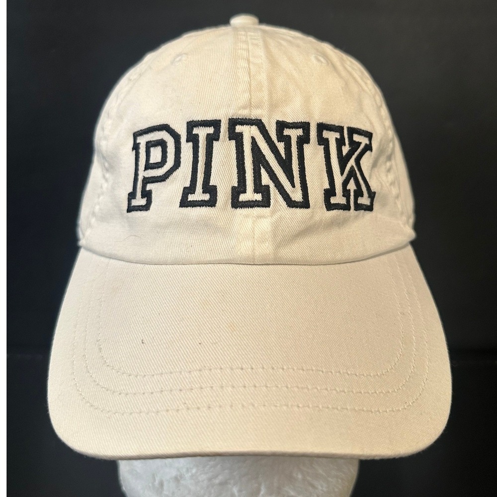 Victoria's Secret PINK Baseball Cap Cream White Navy Blue Embroidered Hat OS